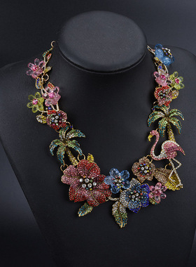 欧美奢华夸张满钻火烈鸟项链复古合金花朵气质锁骨链跨境热销