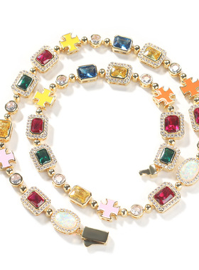 欧美嘻哈新款个性设计镶钻项链夏季ins风感澳宝五彩宝石项链