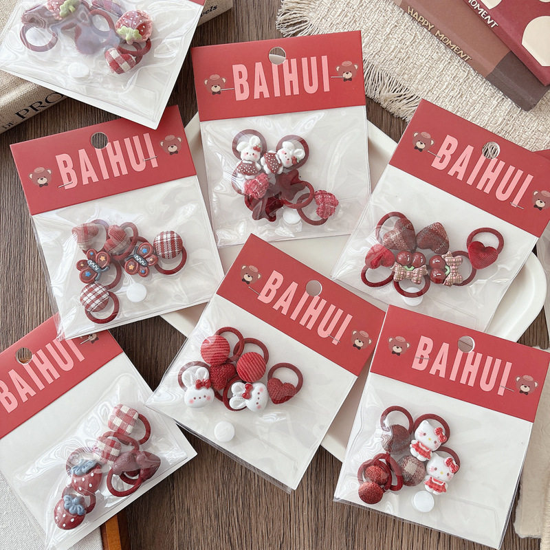 6根新年红色可爱儿童拇指发圈女童不伤发小号皮筋发绳格纹爱心头