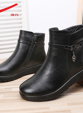 回力女鞋妈妈鞋冬季棉鞋加绒防滑保暖雪地靴中老年皮鞋中年冬鞋