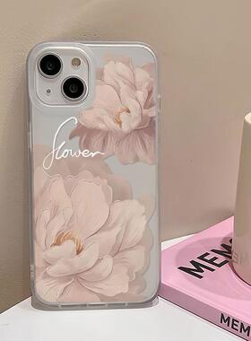 woods复古气质粉色13大花朵油画苹果15小众软壳磨砂xsmax/16promax手机壳新款iphone15全包