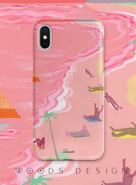 woods原创惬意粉色沙滩iphone17Promax/15/苹果16proMAX/iPhone14油画磨砂手机壳全包软壳硅胶