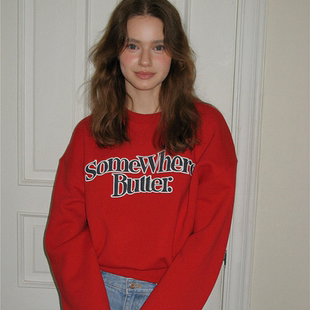 少量现~设计师品牌somewherebutter百搭宽松字母贴布刺绣套头卫衣