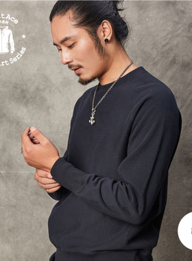 Printace咔叽复古横纹裁剪全棉起绒马鞍斜肩侧身拼块圆领卫衣6210