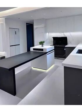 岩板伸缩岛台餐桌一体家用开放式厨房大小户型倒台新款黑白可定制