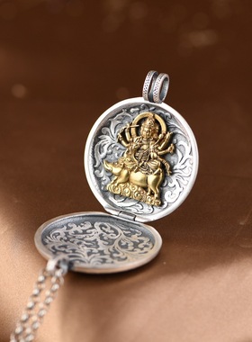 镜星辰 足银吊坠 复古六字真言莲花佛手唐草纹摩利支天像开盖吊坠