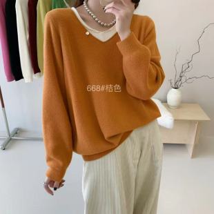新款 上身显肤白2025秋冬季 假两件V领韩国绒毛衣668 自留南瓜色
