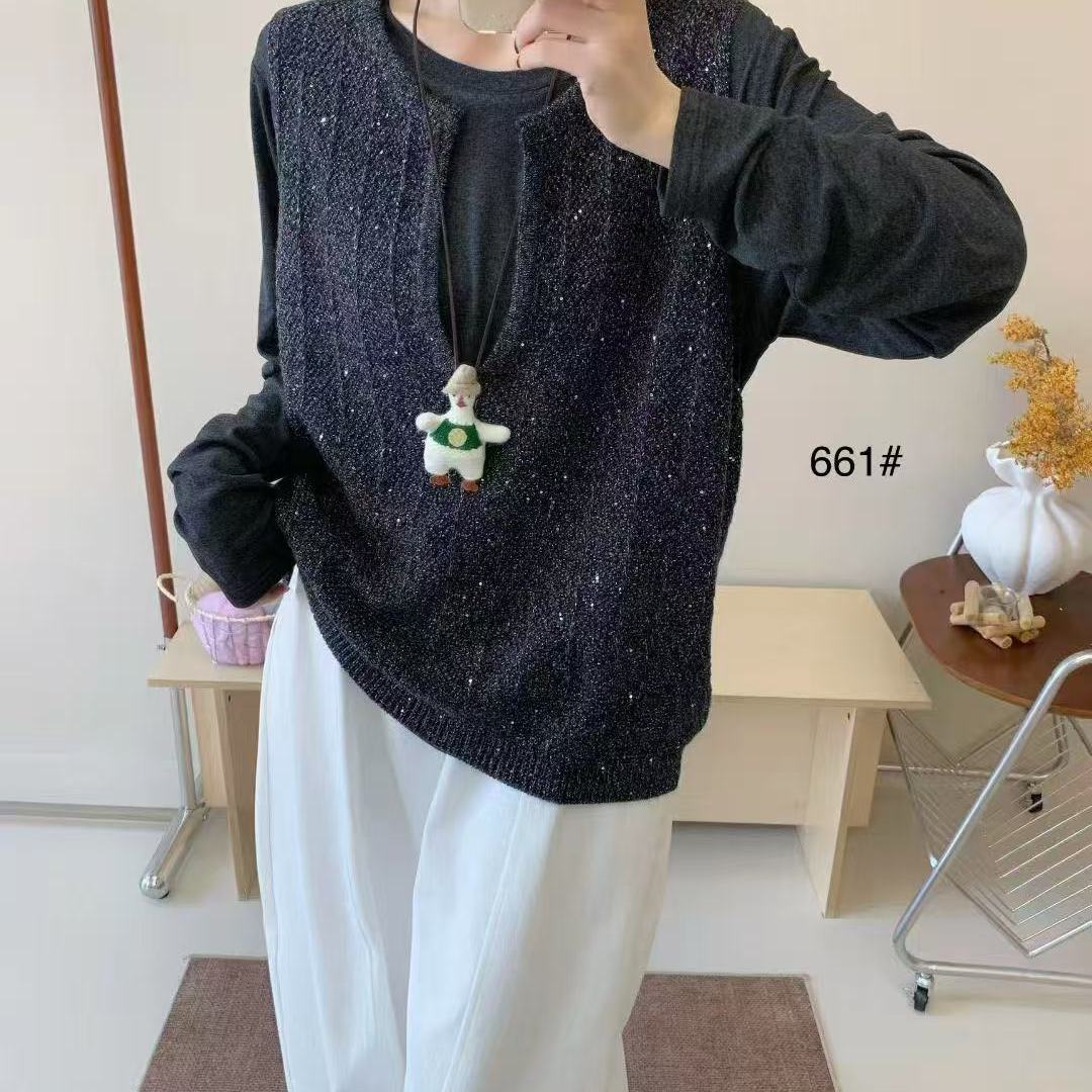 慵懒风V领坎肩叠穿毛衣套装新品