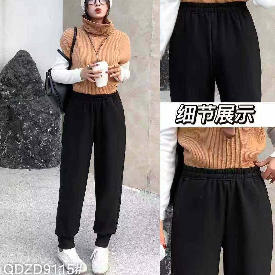 大码胖mm黑色加绒外穿卫裤宽松显瘦束脚休闲运动裤女起点终点9115