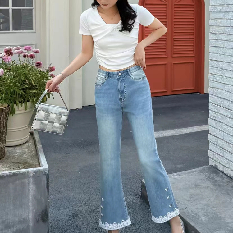 高/瘦/美复古珍珠蕾丝微喇牛仔裤女2025夏小个子九分裤柏菲蒂7010
