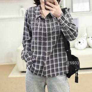 复古格子翻领衬衫大码女装新款长袖衬衣外套设计感上衣宜语析5933