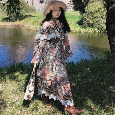 两色！致卡萝自制-蛮荒猎人-复古斑马纹蕾丝麂皮腰封连衣裙