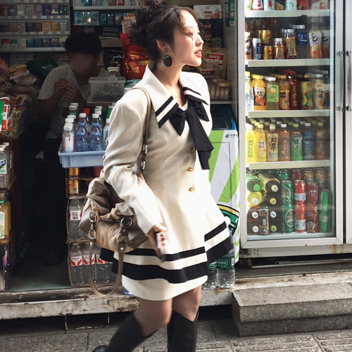 致卡萝自制-旧事美人-复古撞色灰米色西装半身裙套装