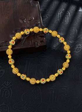 足金999纯黄金新中式古法花丝珐琅手串镂空绣球转运珠手串