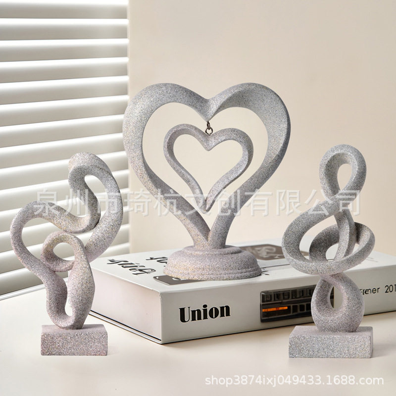 跨境新款简约灰色爱心形飘带桌面摆件两颗心家居桌面玄关抽象装饰,家居饰品,装饰摆件,淘宝优惠券,粉丝福利购,淘宝优惠卷
