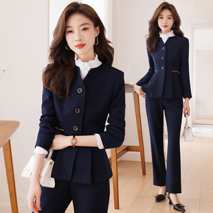 藏青职业西装套装女春秋高端珠宝店美容院工作服酒店前台接待正装