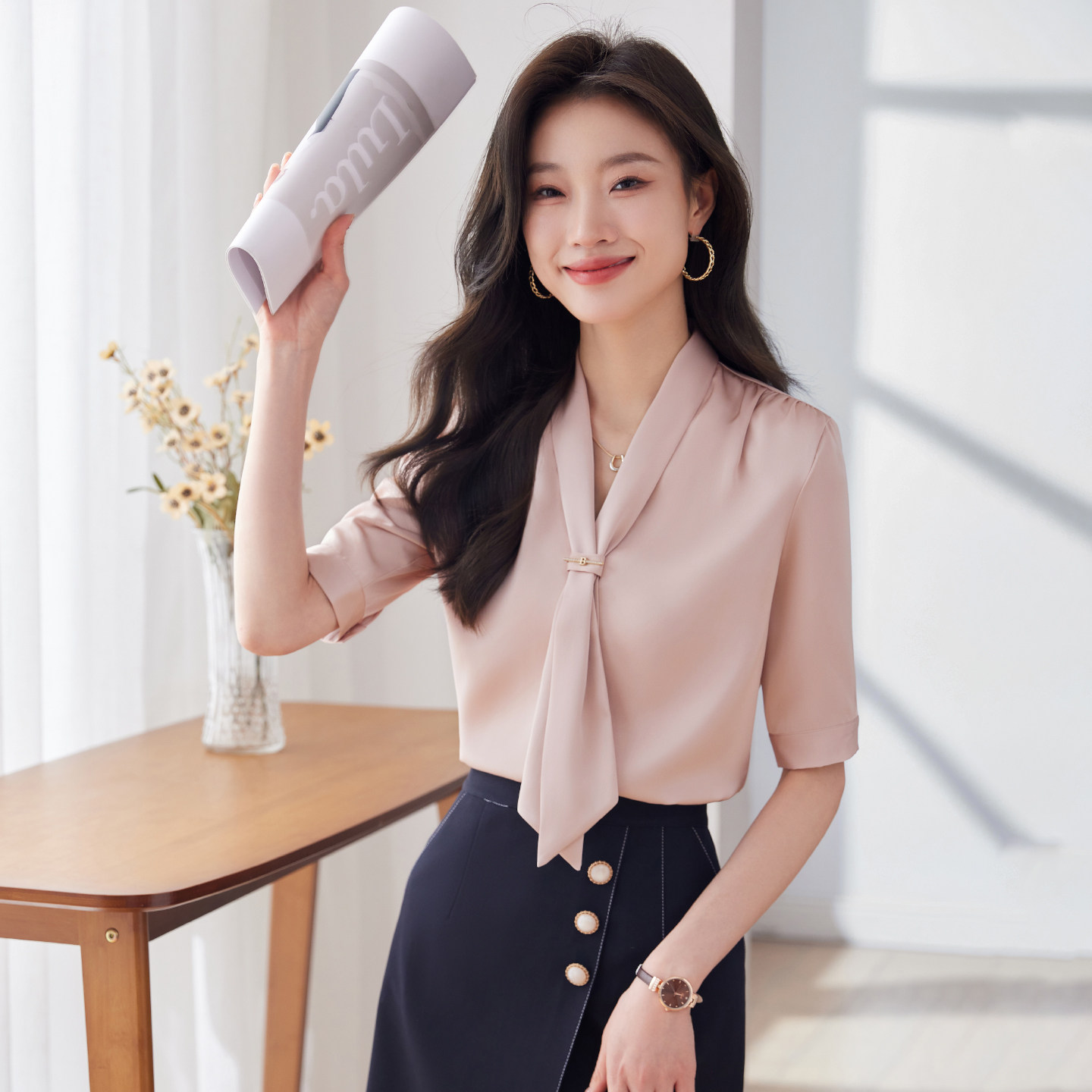 粉色雪纺衬衫女上衣衬衣夏季高级感职业装气质通勤2026穿搭套装夏