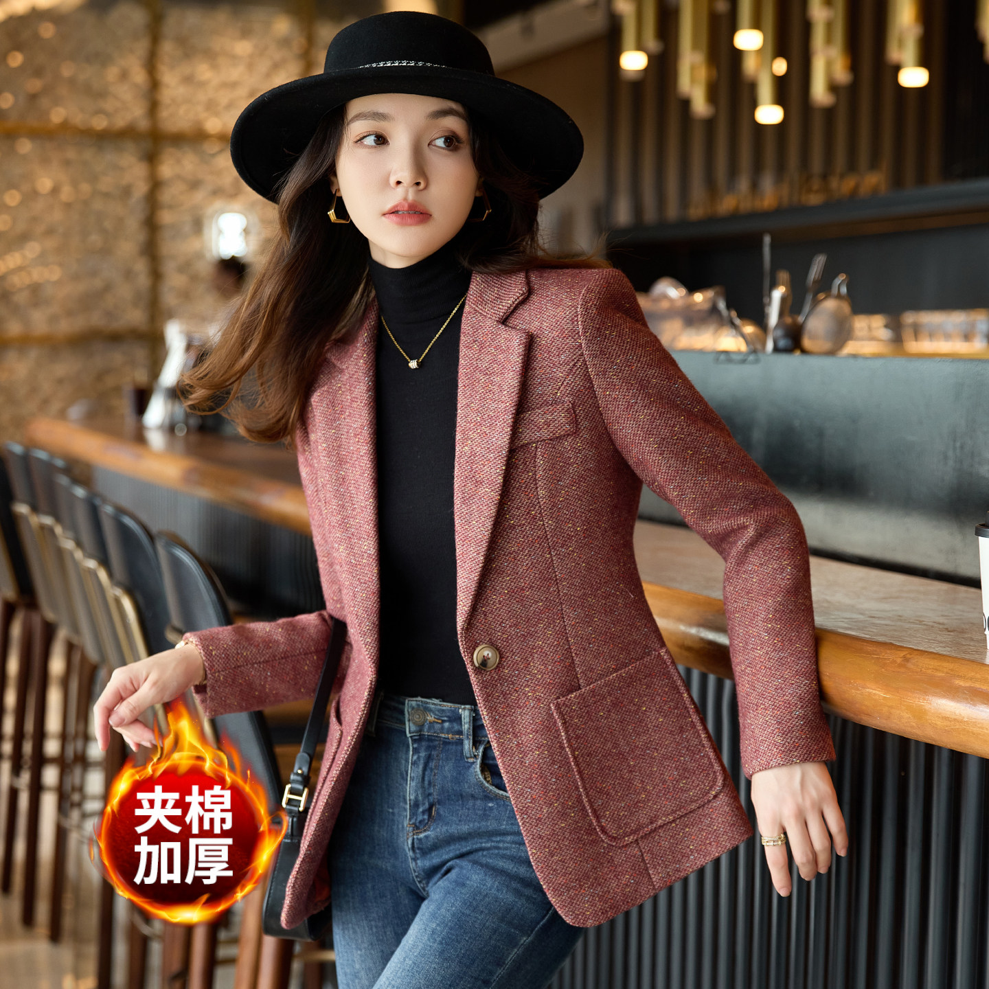 红色毛呢西装外套女冬加厚夹棉2025新款小个子高级感休闲羊毛西服