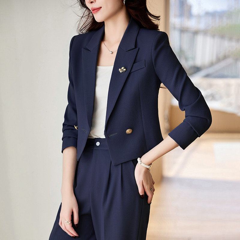 藏青色西装套装女2026春秋新款小个子职业气质高级感短款西服外套
