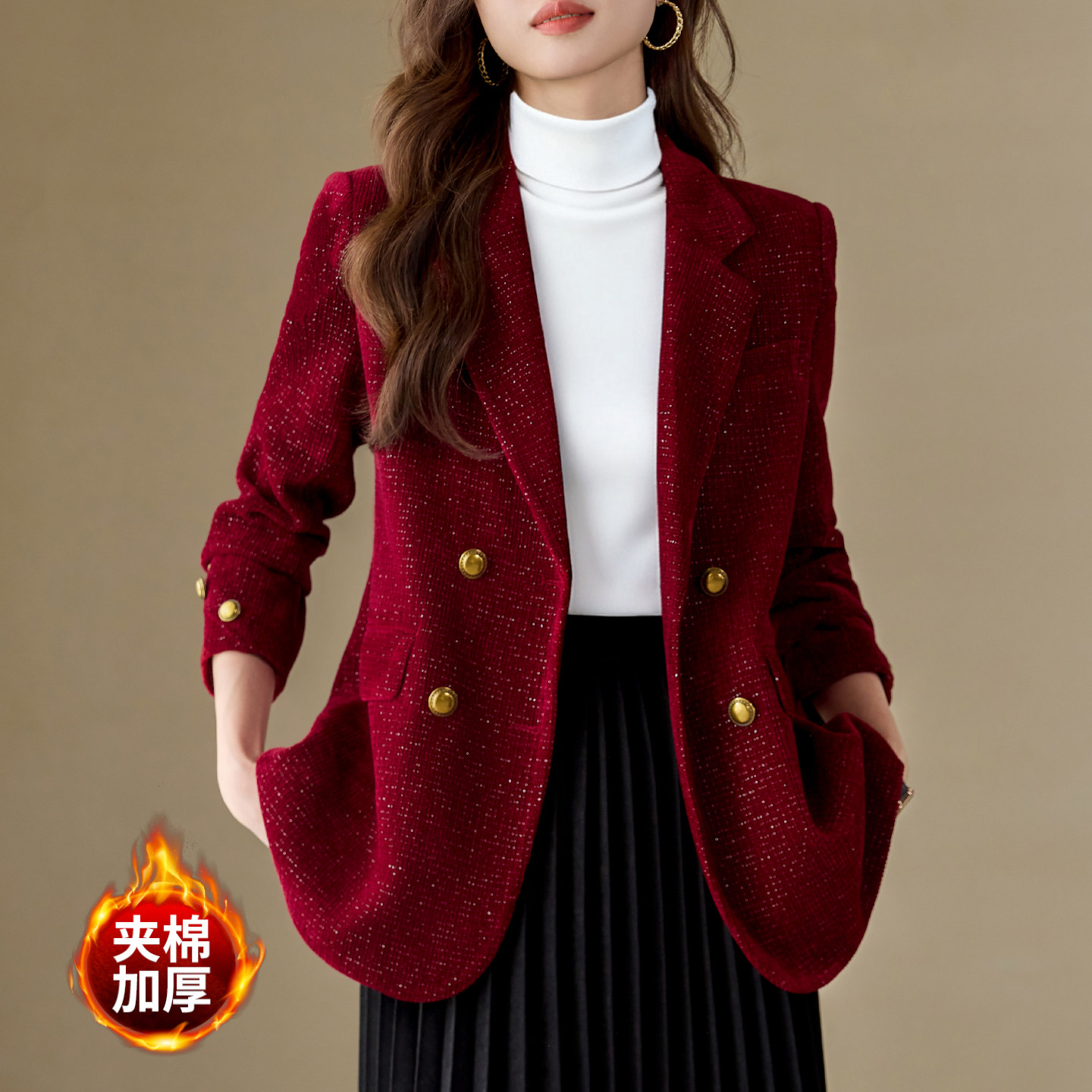 红色小香风毛呢西装外套女2026新款上衣高级感时尚小高端套装冬季