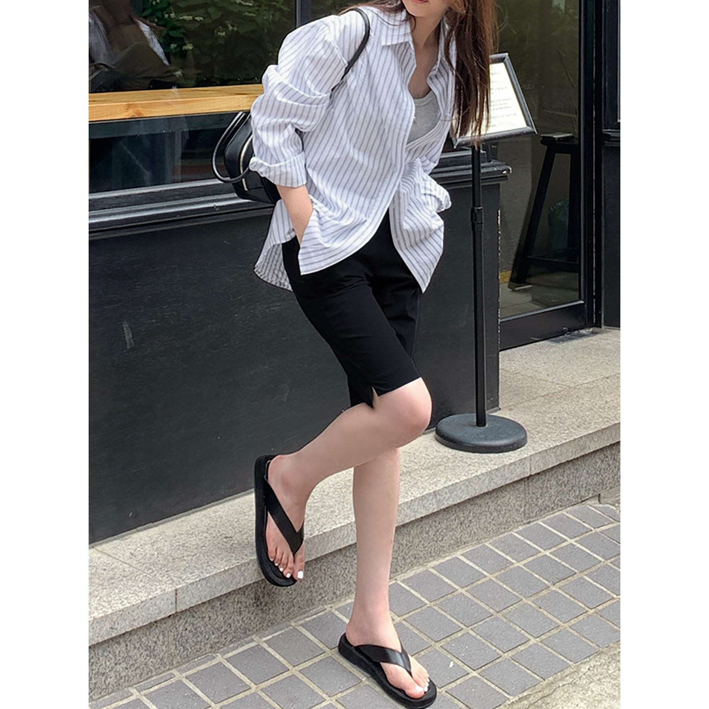 黑色轻熟简约松紧腰五分裤女高腰修身短裤气质通勤百搭显瘦休闲裤