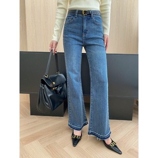 外贸原单正品尾货外贸出口水洗复古高腰直筒撞色毛边微喇叭牛仔裤
