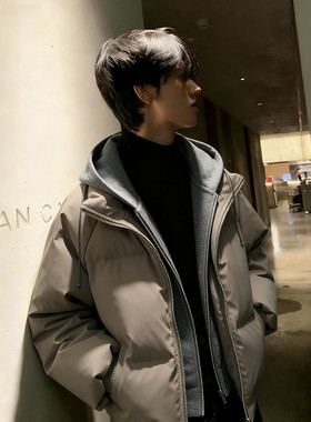 2026冬季美式假两件pu皮短款棉服男款冬季加厚工装棉袄连帽外套特