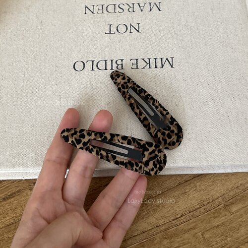 一对装~洋气豹纹发夹 手工缠布时髦布艺水滴发夹 侧边发夹碎发夹