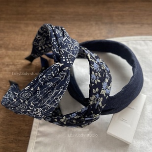 不夹头舒适发箍 小众深蓝色系列 布艺腰果印花气质发箍交叉头箍