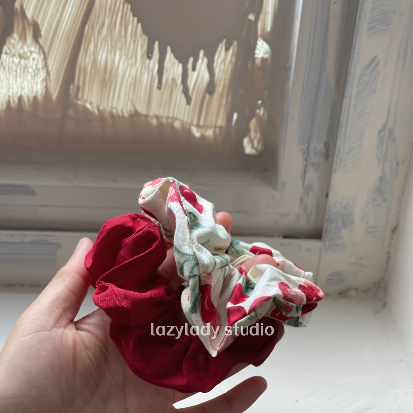 红色2件套 复古棉布材质日常尺寸头花 中号肠圈发圈马尾皮筋 女