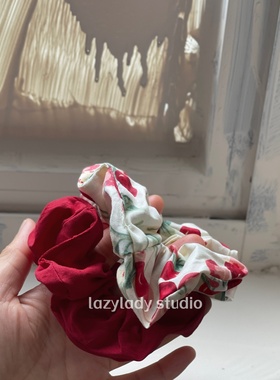 红色2件套 复古棉布材质日常尺寸头花 中号肠圈发圈马尾皮筋 女