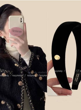 高货品质丝绒材质手工缝线金币黑色百搭宽发箍高颅顶气质头箍发卡