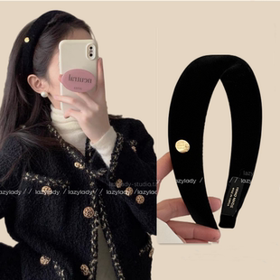 高货品质丝绒材质手工缝线金币黑色百搭宽发箍高颅顶气质头箍发卡