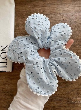 清！原33 小众灰蓝色丸子头一片式头花 精致刺绣镂空蕾丝边发圈