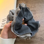 棉质大号双层灰蓝格子蕾丝肠圈 高货 韩系复古英伦风头花马尾发饰