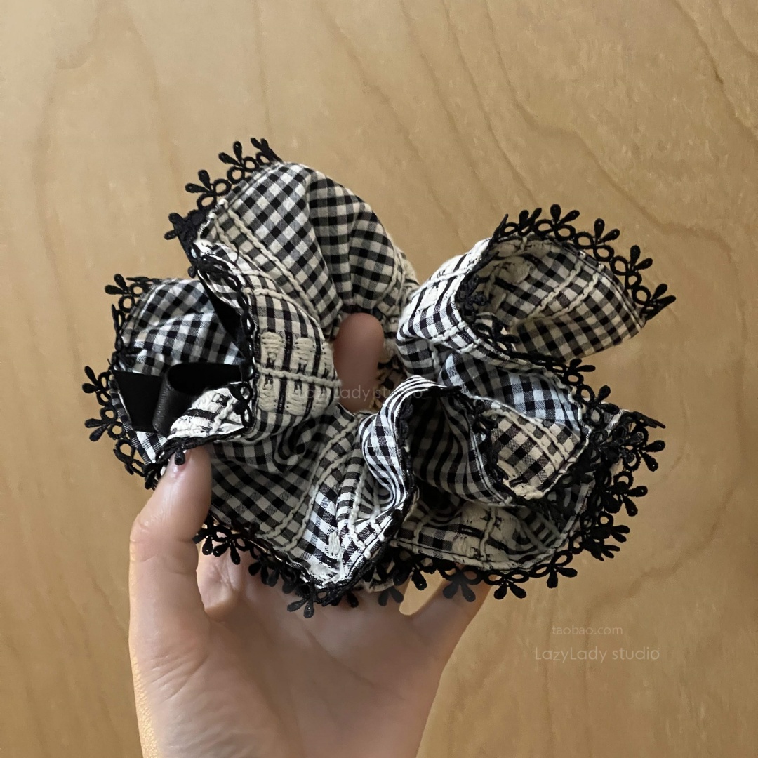 复古蕾丝黑白格纹大肠发圈女甜美时尚褶皱花苞蝴蝶结发绳头花发饰