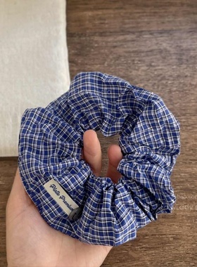 棉麻小众设计 笑脸扭扣蓝色布标小格子头花 中号尺寸肠圈发圈发绳