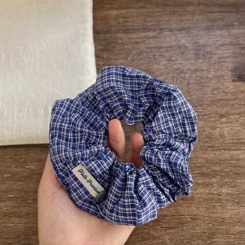 棉麻小众设计 笑脸扭扣蓝色布标小格子头花 中号尺寸肠圈发圈发绳