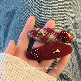 一对装 暗红色复古小草莓可爱椭圆格纹纯色发夹新年碎发夹子发卡