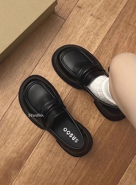 软牛皮~复古黑色6CM厚底小皮鞋女2026新款法式粗跟英伦风乐福鞋潮