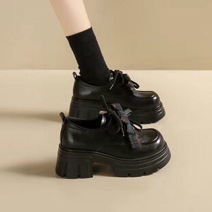 女高跟单鞋 真皮蝴蝶结小皮鞋 女2026新款 软牛皮7cm增高厚底乐福鞋