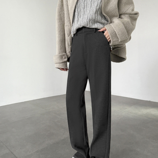 深灰色毛呢高腰直筒阔腿拖地裤 2025秋冬显瘦加厚宽松休闲窄版 长裤