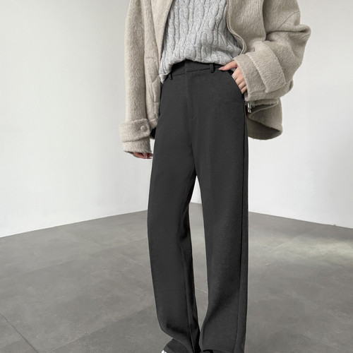 2025秋冬显瘦加厚宽松休闲窄版长裤深灰色毛呢高腰直筒阔腿拖地裤