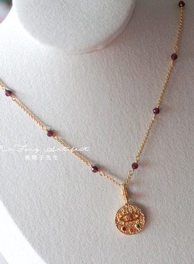 S925银古币项链恶魔之眼彩色宝石正反两面小吊坠