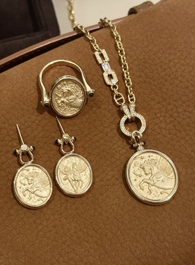 定制925银镀金浪漫与自由双面飞马古币吊坠