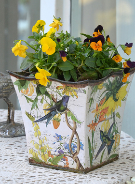 法式田园复古铁皮小花盆贴纸阳台花园铁艺角堇矾根仙客来盆栽铁盆