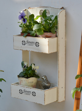 北欧风实木做旧壁挂二层置物架花架花器阳台花园墙面装饰壁饰挂饰