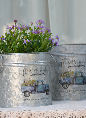 美式乡村圆形双耳小铁桶花盆铁皮桶花瓶铁艺干花花桶花店装收纳桶