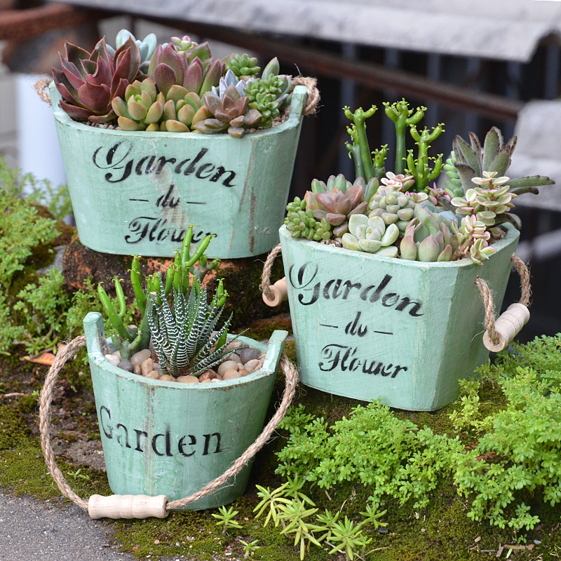 美式复古做旧木质悬挂多肉小花盆