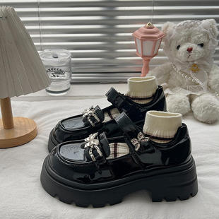 英伦风法式 黑色甜酷金属蝴蝶玛丽珍单鞋 新款 女2024春季 厚底小皮鞋
